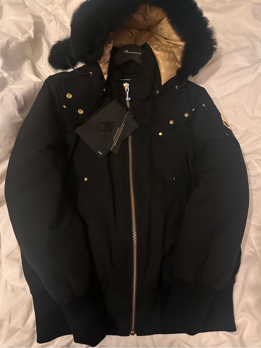 Black Hooded Puffer Jacket with Fur Trim - Women